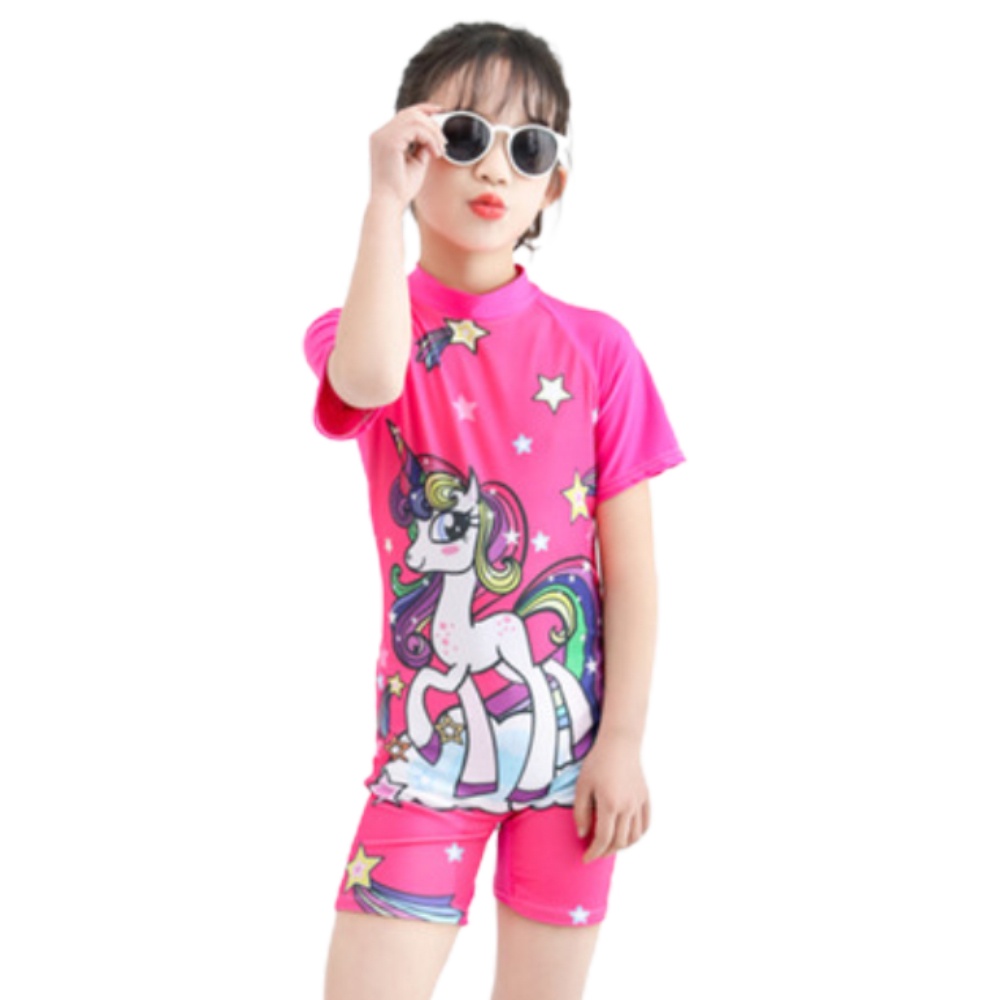 Bộ đồ bơi liền thân tay ngắn dáng ôm in họa tiết hoạt hình dễ thương thời trang mùa hè cho bé gái