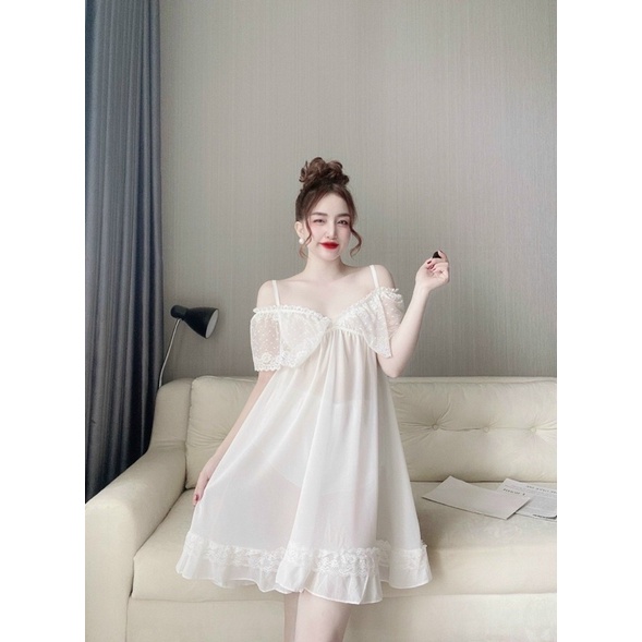 Đồ Ngủ Nữ Sexy, Váy Ngủ Nữ 2 Dây, chiffon bẹt vai kèm quần, freesize 40_65kg, tuỳ chiều cao