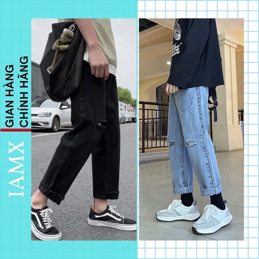 Quần jean nam đen rách gối, quần bò rách Baggy ống suông, rộng dáng đứng style Hàn Quốc