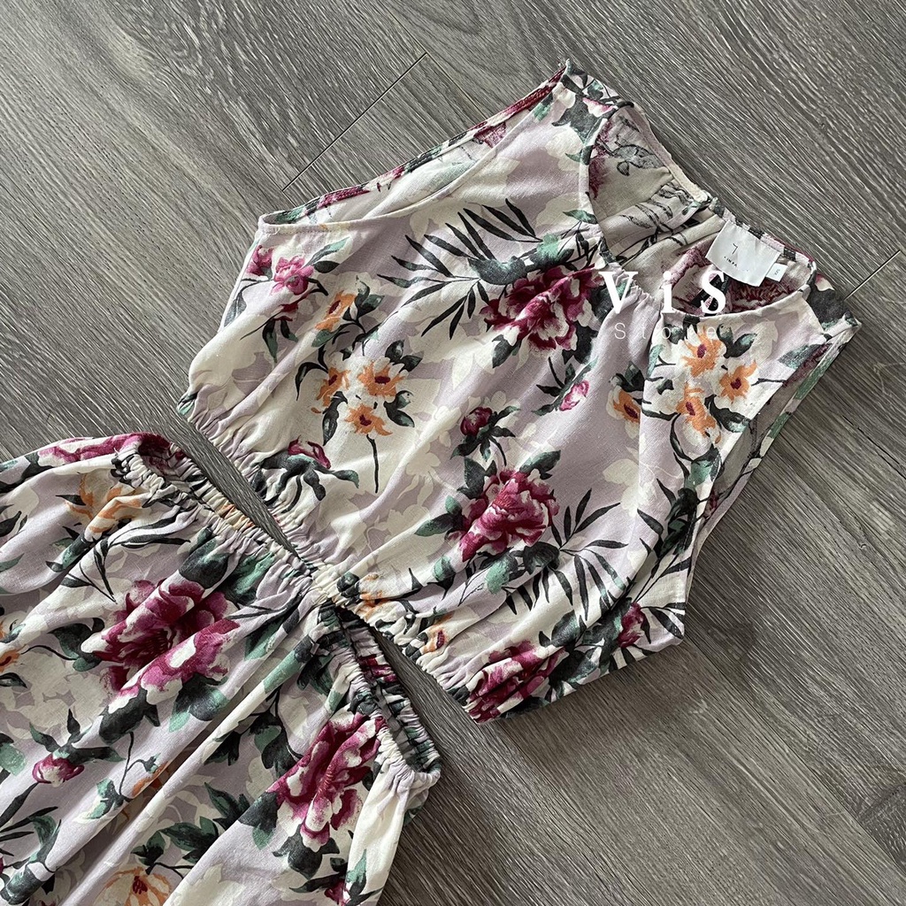 Đầm midi nữ hoa tím khoét eo