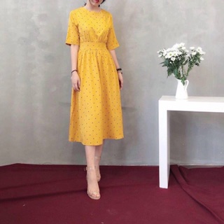 Đầm bi vàng bo eo (kèm hình thật)