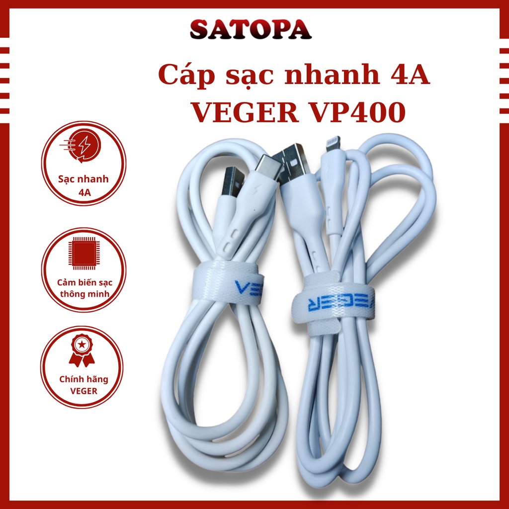 Dây sạc cáp nhanh VEGER VP400, cáp sạc typeC lighning chính hãng dây bọc nhựa TPE cao cấp truyền tải dữ liệu - SATOPA