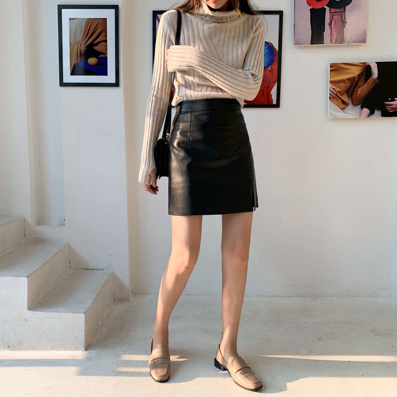 Chân váy da chữ A eo cao phối xẻ tà thời trang sành điệu cho nữ