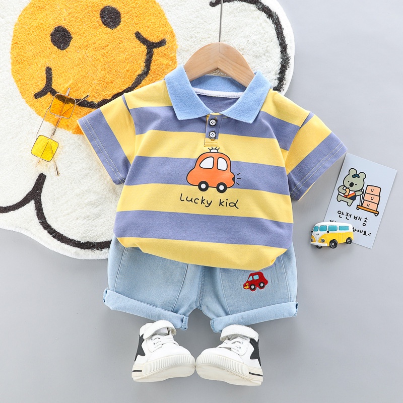 Set Đồ 2 Món Gồm Áo Thun cotton Tay Ngắn Cổ Bẻ Kẻ Sọc Hoạt Hình + Quần jeans Dành Cho Bé Trai 0-4 Tuổi