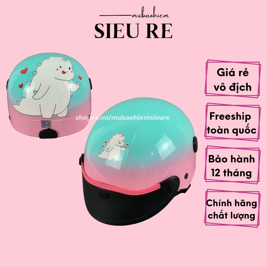Mũ bảo hiểm nửa đầu chính hãng sơn highlight hồng và ngọc tem khủng long , nón bảo hiểm đa dạng màu sắc xu hướng của năm