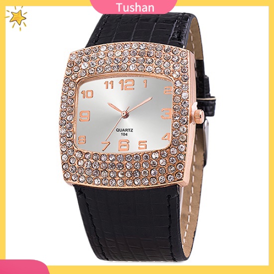 Đồng hồ mặt vuông đính đá phối dây đeo giả da cho nữ