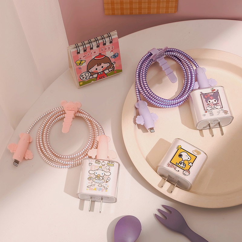 Vỏ Bọc Bảo Vệ Dây Cáp Sạc iPhone Màu Huỳnh Quang Trong Suốt Họa Tiết Hoạt Hình Dễ Thương