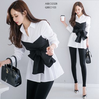 Áo sơ mi dáng dài phối đen thắt nơ - abeo232b