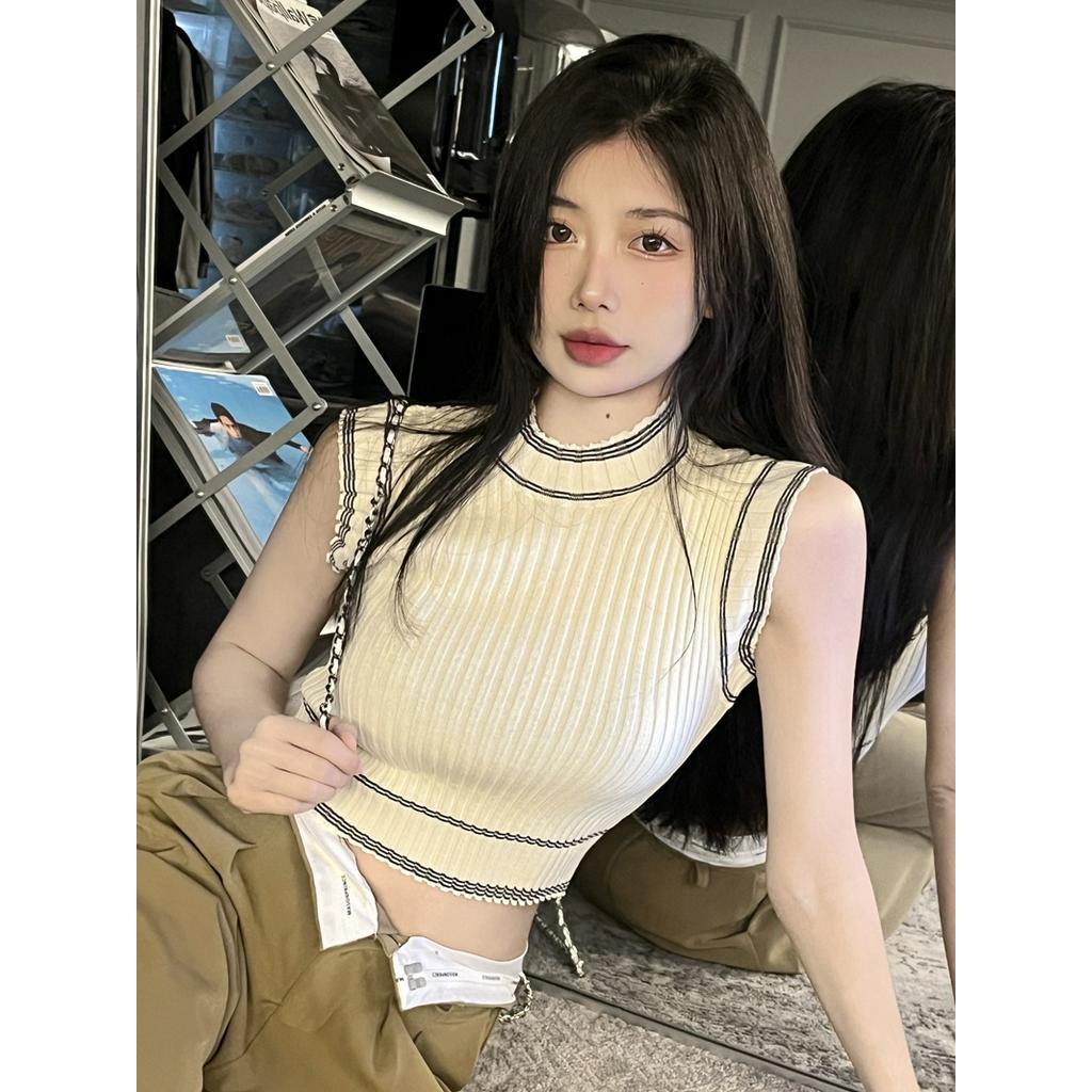 Áo Dệt Kim Sát Nách Cổ Tròn Màu Sắc Tương Phản Phong Cách Retro Thời Trang Hè 62959