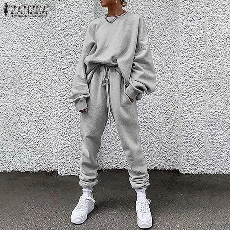 Set đồ nữ Zanzea gồm áo tay dài cổ tròn và quần dài lưng co giãn màu trơn phong cách đường phố thể thao