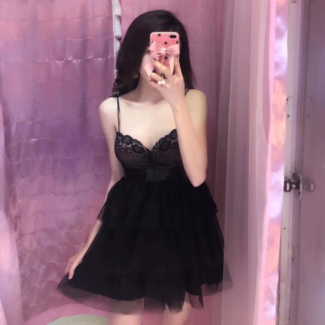 Váy 2 dây voan xoè tầng màu hồng , đen