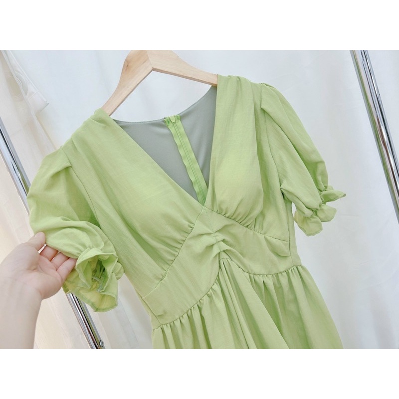 Đầm lụa nhún ngực tay bồng/phồng kem nude/xanh bơ, váy dài kín đáo dễ thương nhẹ nhàng, thời trang nữ đi chơi dạo phố