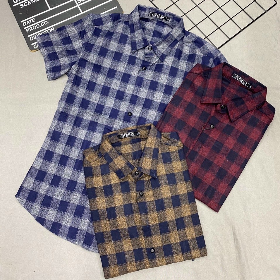 Áo Sơ Mi Nam Tay Ngắn Dáng Ôm Không Nhăn Xù Được ĐỔI TRẢ Chất Cotton Caro Mềm Mại Co Dãn Bền Màu, Vận Động Thoải Mái