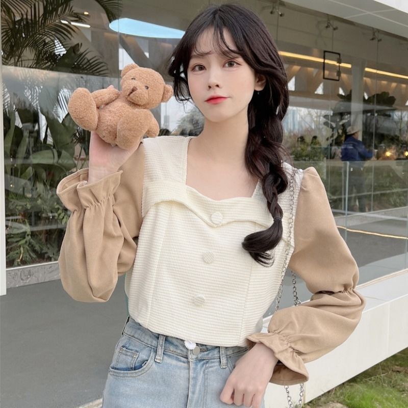 Áo sơ mi tay dài cổ vuông phong cách retro thời trang mùa đông 2021