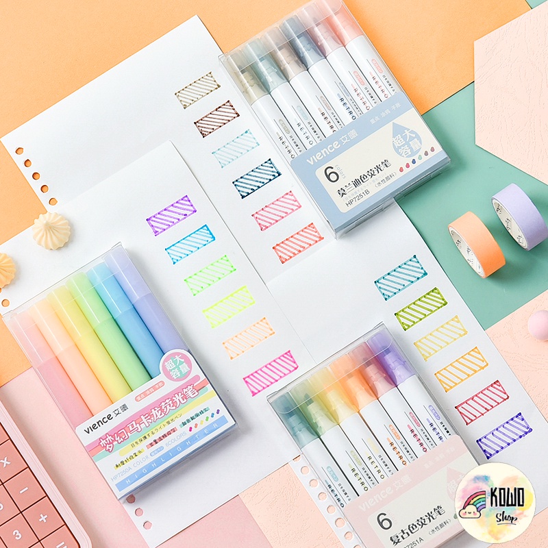 Bộ Bút Highlight Dạ Quang Marker 6 Màu Ghi Chú Xinh Xắn VIENCE DQ3