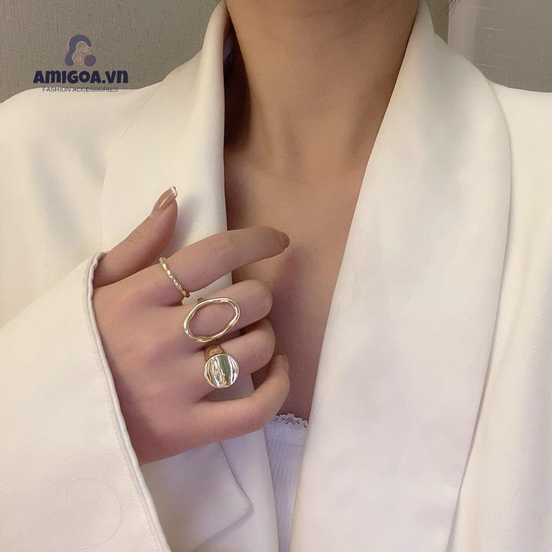 ✨✨Nhẫn Ba Món Thiết Kế Rỗng Kiểu Hình Học Rỗng Dành Cho Nữ