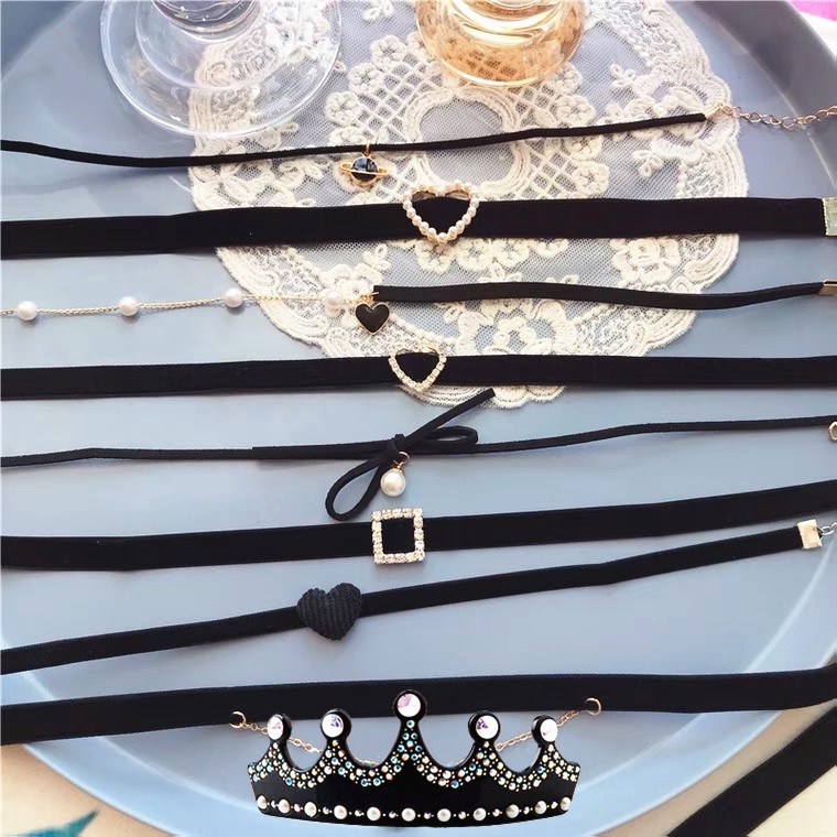 Vòng Cổ choker Dây Nhung Đen Đính Hạt Ngọc Trai Phong Cách Hàn Quốc