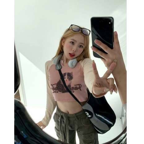 Áo Thun Croptop Tay Dài Dáng Ôm In Hình Mèo Màu Sắc Ngọt Ngào Dễ Phối Đồ Thời Trang Cho Bạn Gái