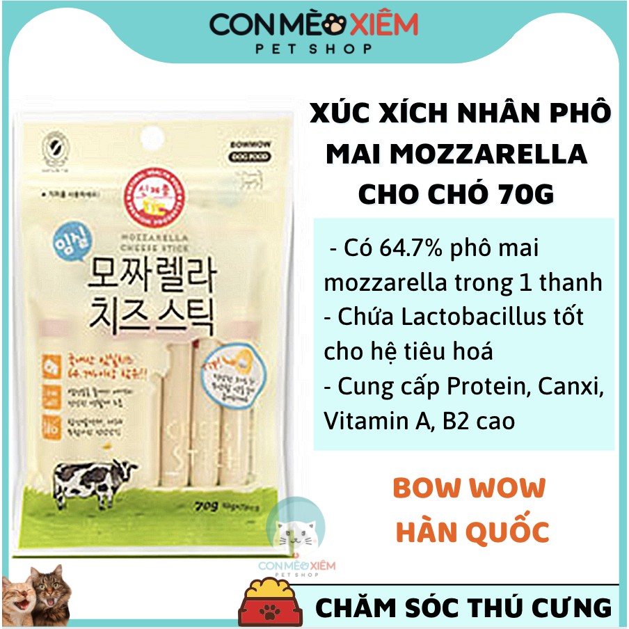 Xúc xích phô mai cho chó Bow wow mozzarella 70g, thức ăn vặt dinh dưỡng tăng cân cún lớn nhỏ Con Mèo Xiêm