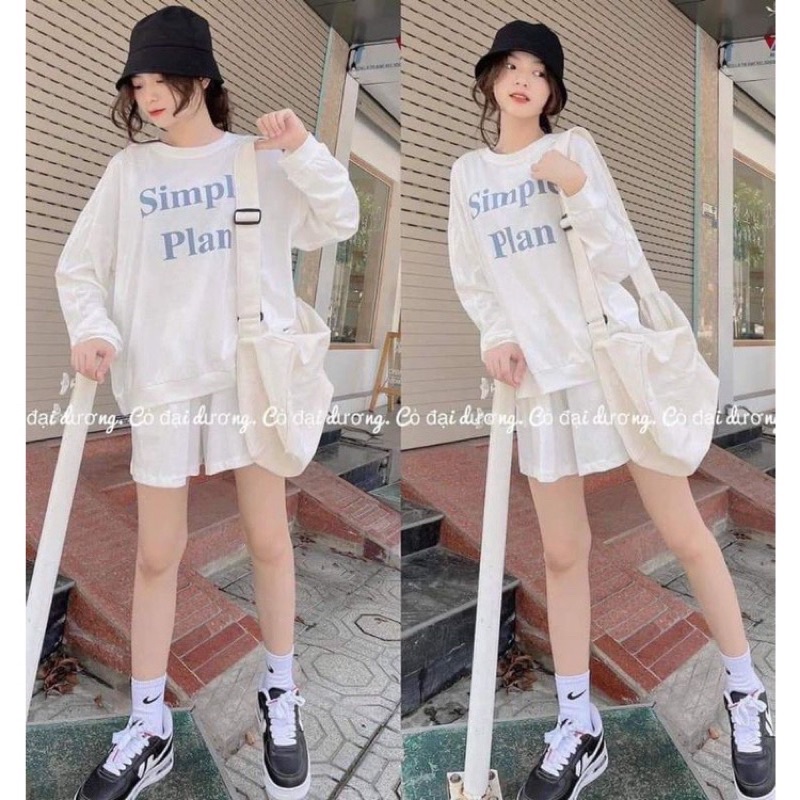 SET BỘ MẶC NHÀ PHONG CÁCH MÀU TRẮNG TAY PHỒNG CHỮ SIMPLE