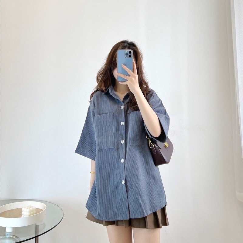 Áo sơ mi tay ngăn nhung tăm oversize (Ảnh thật/Video)