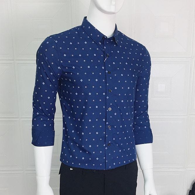 Domacushop. Áo sơ mi nam xanh than, kiểu phối họa tiết tinh tế (Mã: SMGH - Xanh đậm) Cực Đẹp