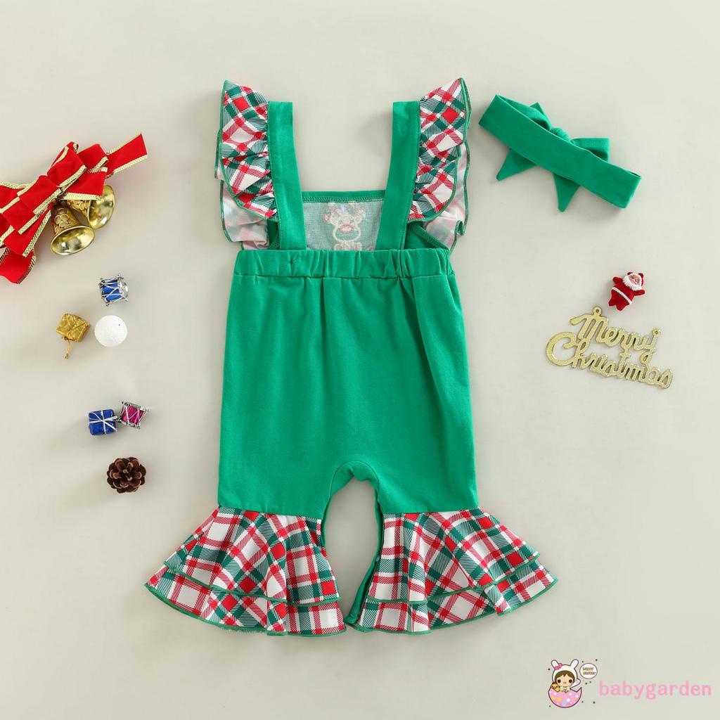 Bộ Áo Liền Quần Cổ Vuông In Họa Tiết Giáng Sinh Kèm Băng Đô Cài Tóc Xinh Xắn Cho Bé Gái 3-24 Tháng Tuổi