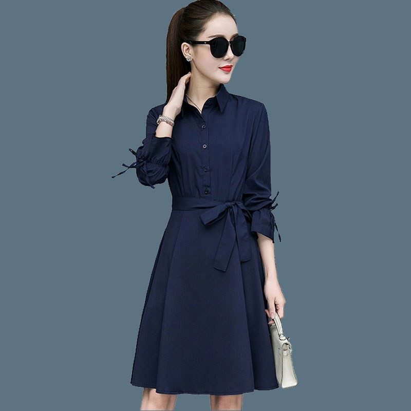 Đầm sơ mi nữ dáng xoè kèm dây thắt nơ, đầm công sở Da52