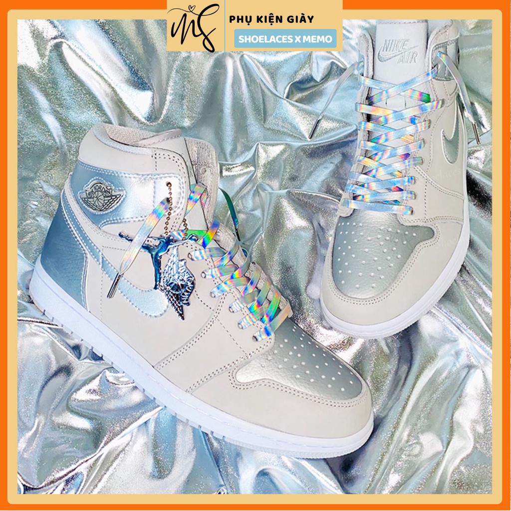 Dây giày da cao cấp dùng cho Nike Air Jordan 1-Dây phản quang Laser Bạc với đầu dây metal
