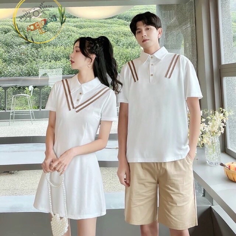 Đầm thun đôi trắng chít eo viền trang trí chữ V thời trang mùa hè