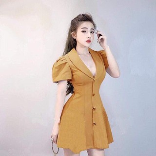 Đầm xòe tay phồng cổ bẻ cài nút thật siêu xinh