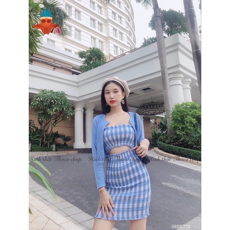 ♥️ SET ĐẦM CARO XANH NHÚN CHỈ HỞ EO KÈM ÁO KHOÁC XANH ♥️