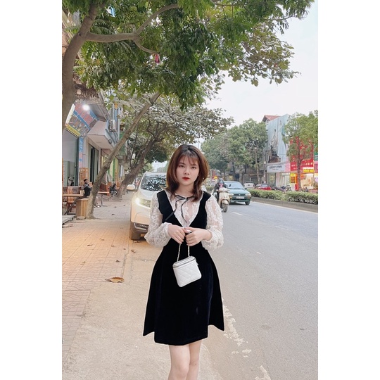 Váy nhung pha ren hoa nổi đính nơ tiểu thư