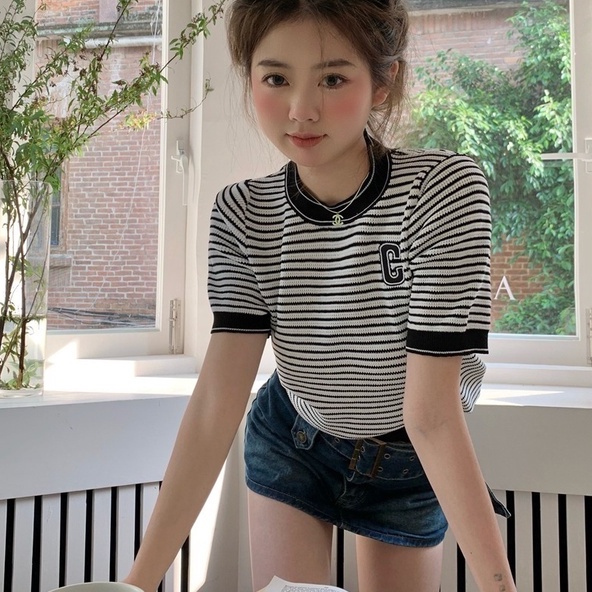 Áo Thun Dệt Kim Ngắn Tay Họa Tiết Kẻ Sọc Màu Sắc Tương Phản