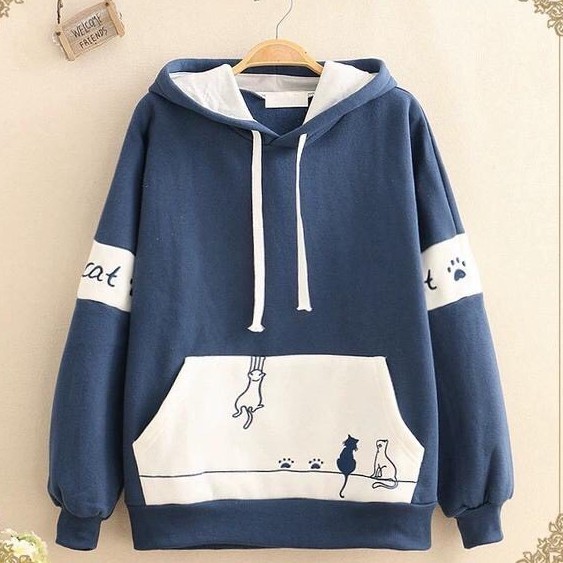 Áo hoodie, áo khoác nam nữ thời trang mùa đông phối nón đơn giãn họa tiết mèo leo tường cute