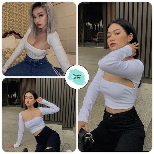 Áo Croptop Dài Tay Khoét Vai ⚡ Casper.Store | FREESHIP | ⚡ Áo thun hở bụng dáng ôm body sexy hở cổ gợi cảm màu trắng