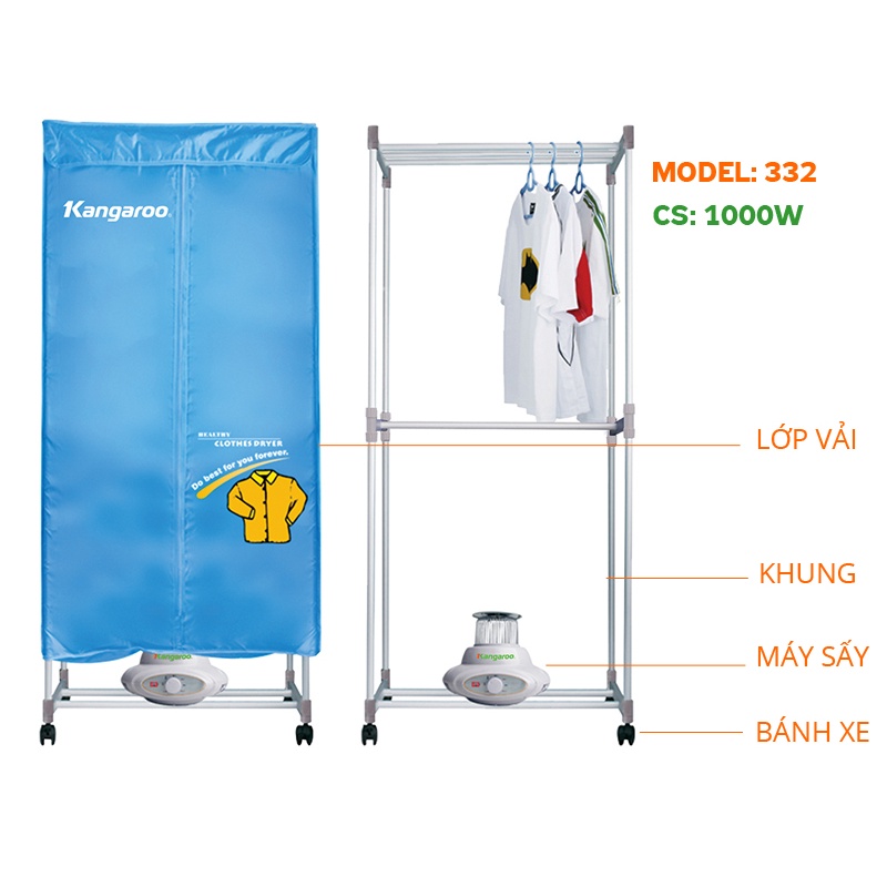 áy sấy quần áo Kangaroo KG332 - trọng lượng sấy lên tới 15kg