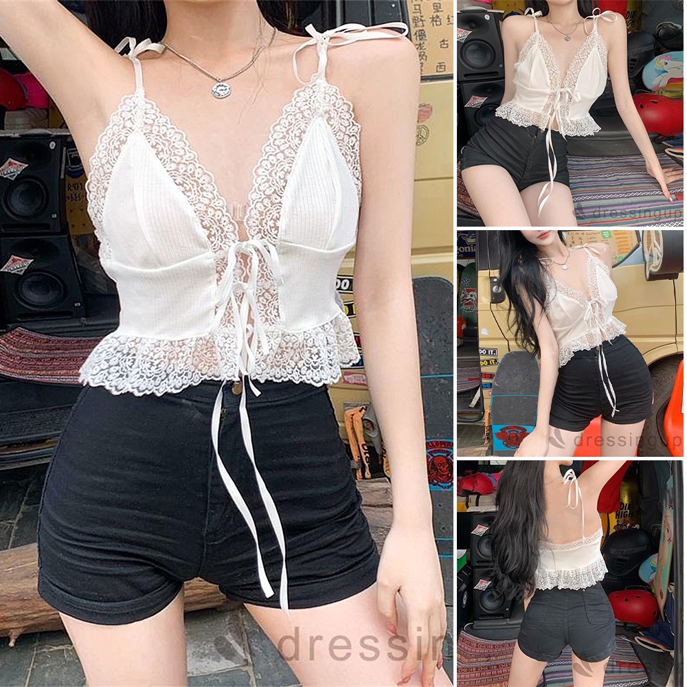 Áo Croptop 2 Dây Phối Viền Ren Dây Thắt Nơ Nửa Thơ Ngây Nửa Quyến Rũ A5291 | BigBuy360 - bigbuy360.vn