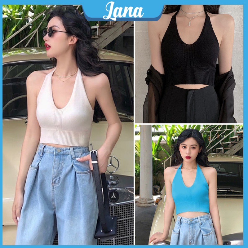 Áo hai dây bản to dệt kim len tăm khoét ngực, Áo yếm 2 dây hở lưng dáng croptop ulzzang Hàn Quốc - Lana