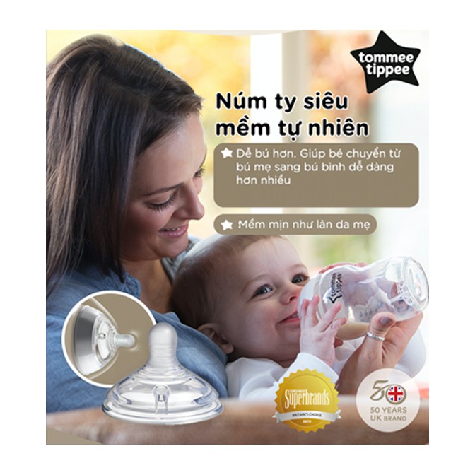 Bình sữa ty siêu mềm tự nhiên Tommee Tippee Closer to Nature 260ml, núm ty đi kèm 3-6 tháng