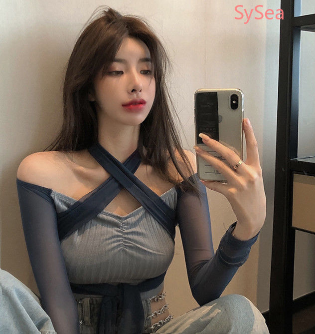 Áo Kiểu Tay Dài Phối Lưới Thiết Kế Trễ Vai Quyến Rũ