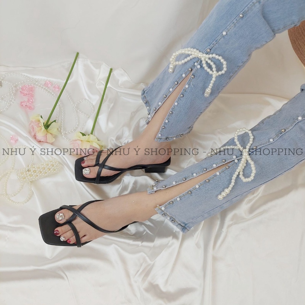 Giày sandal nữ xỏ ngón cao 3cm thời trang quai mảnh gót vuông cách điệu