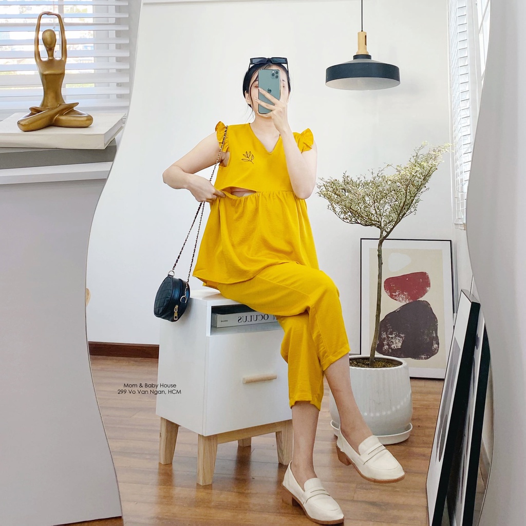 Set bộ bầu lụa thêu mặc bầu đi chơi, dạo phố có kéo khóa cho bé ti sau sinh