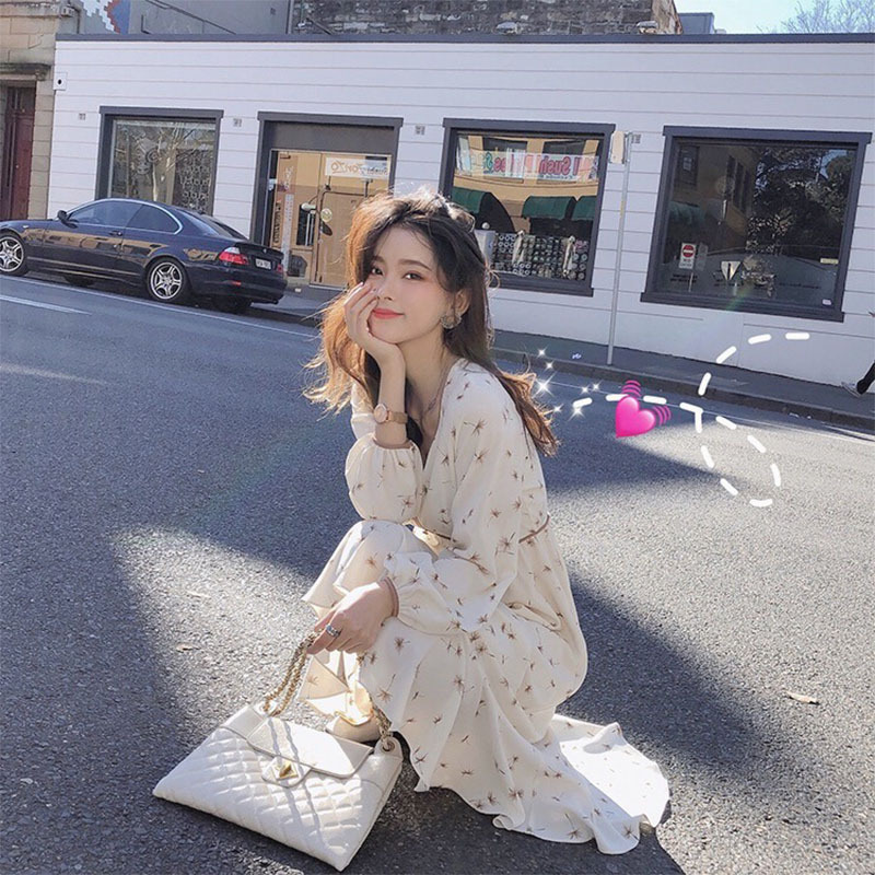 Đầm chiffon tay dài eo cao in họa tiết hoa thanh lịch cho nữ | BigBuy360 - bigbuy360.vn