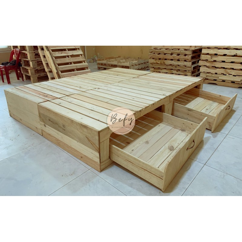 Giường Pallet Gỗ Thông Hộc Kéo / Giường Gỗ Thông Cao 30cm / Giường Gỗ Cho Homestay