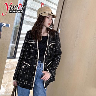 Áo khoác Chanel S ~ XL kiểu Pháp Retro Time Nữ Cổ Chữ V Chanel Áo khoác nữ dài vừa phải Thu Đông Dây mở Áo khoác trang trí Top Len Áo khoác kiểm tra Áo khoác phiên bản Hàn Quốc