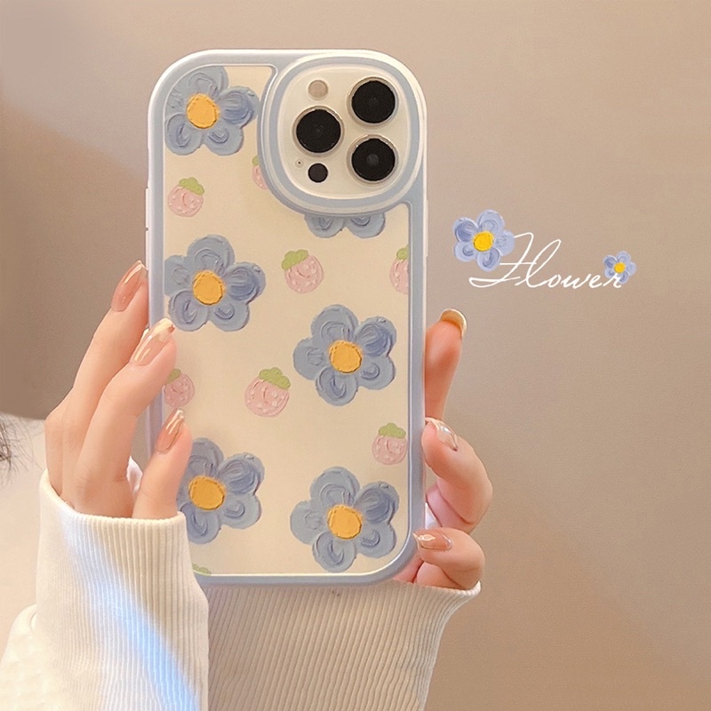 (SIÊU RẺ) Ốp lưng iphone hoa xanh dâu viền tròn cam 7plus/8/8plus/x/xr/xs/11/12/13/pro/max/plus/promax