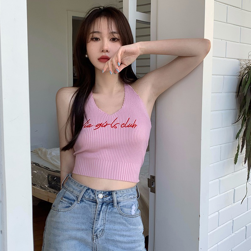 Áo Croptop Dệt Kim Cổ Yếm In Chữ Phong Cách Hàn Quốc Thời Trang Quyến Rũ Cho Nữ