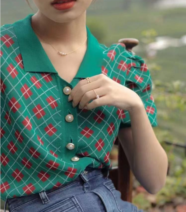 Áo kiểu tay ngắn cổ bẻ họa tiết kẻ sọc ô vuông mẫu 2021 thời trang dành cho nữ | BigBuy360 - bigbuy360.vn