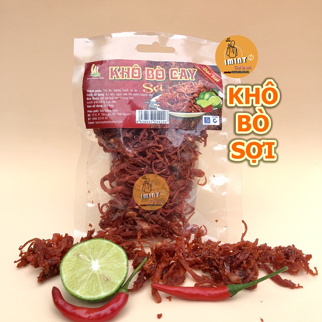 Khô Bò Sợi Cay Hàng Ngon Loại Gói 50g Đồ Ăn Vặt IMIN FOOD